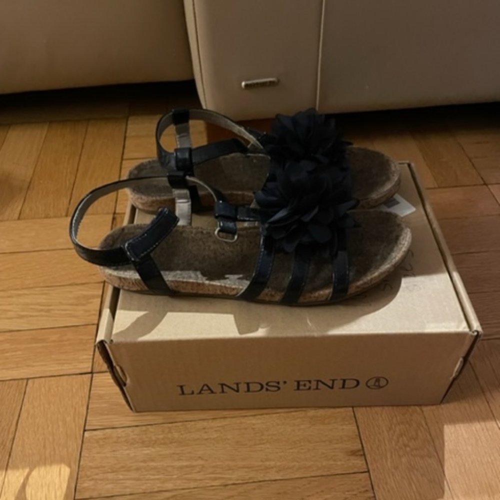 *Used* LANDS END Sandals Chiffon Flower Velcro closure Cork Sz 3- Navy